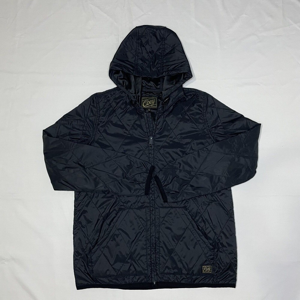 Obey Quilted Lightweight Puffer Jacket Men’s Large Full Zip Hooded Black